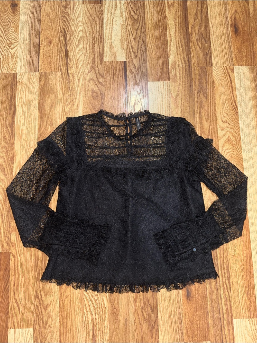 ZARA Trafaluc Women’s Black Lace Long Sleeve Sheer Lined Button Blouse XS